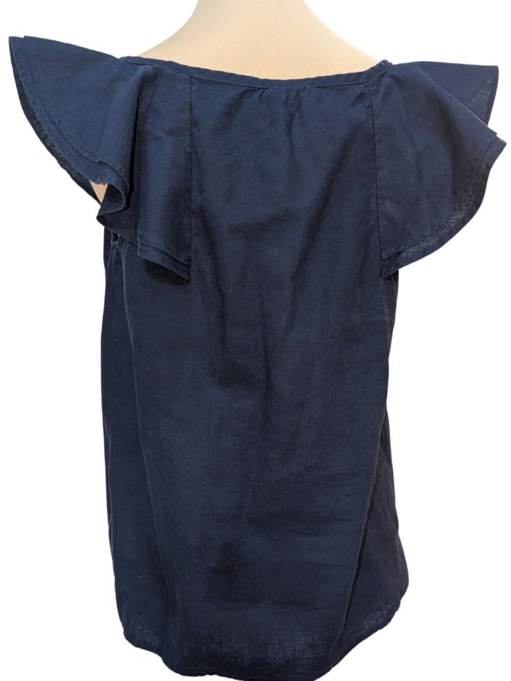 St. John's Bay Navy Blue Linen Cotton Blend Ruffle Button Down Blouse - Picture 3 of 6